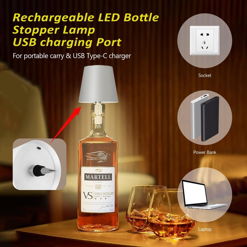 Hoide Store 2025 New Wireless Bottle Lamp - LED Bottle Lights for Liquor & Wine Bottles, Cordless Lampshade, Whiskey Bottle Top Light, Bottle Stopper Night Light Kit, Rechargeable 3-Tone Touch-Dimmable - Image 3